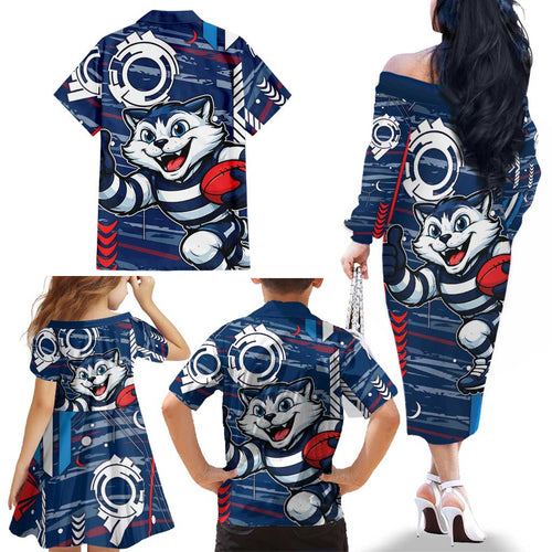Geelong Cats Family Matching Off The Shoulder Long Sleeve Dress and Hawaiian Shirt Mascot Cartoon Football Illustration Style