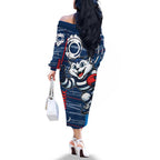 Geelong Cats Family Matching Off The Shoulder Long Sleeve Dress and Hawaiian Shirt Mascot Cartoon Football Illustration Style