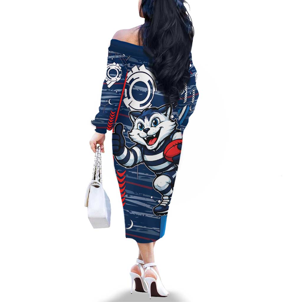 Geelong Cats Family Matching Off The Shoulder Long Sleeve Dress and Hawaiian Shirt Mascot Cartoon Football Illustration Style