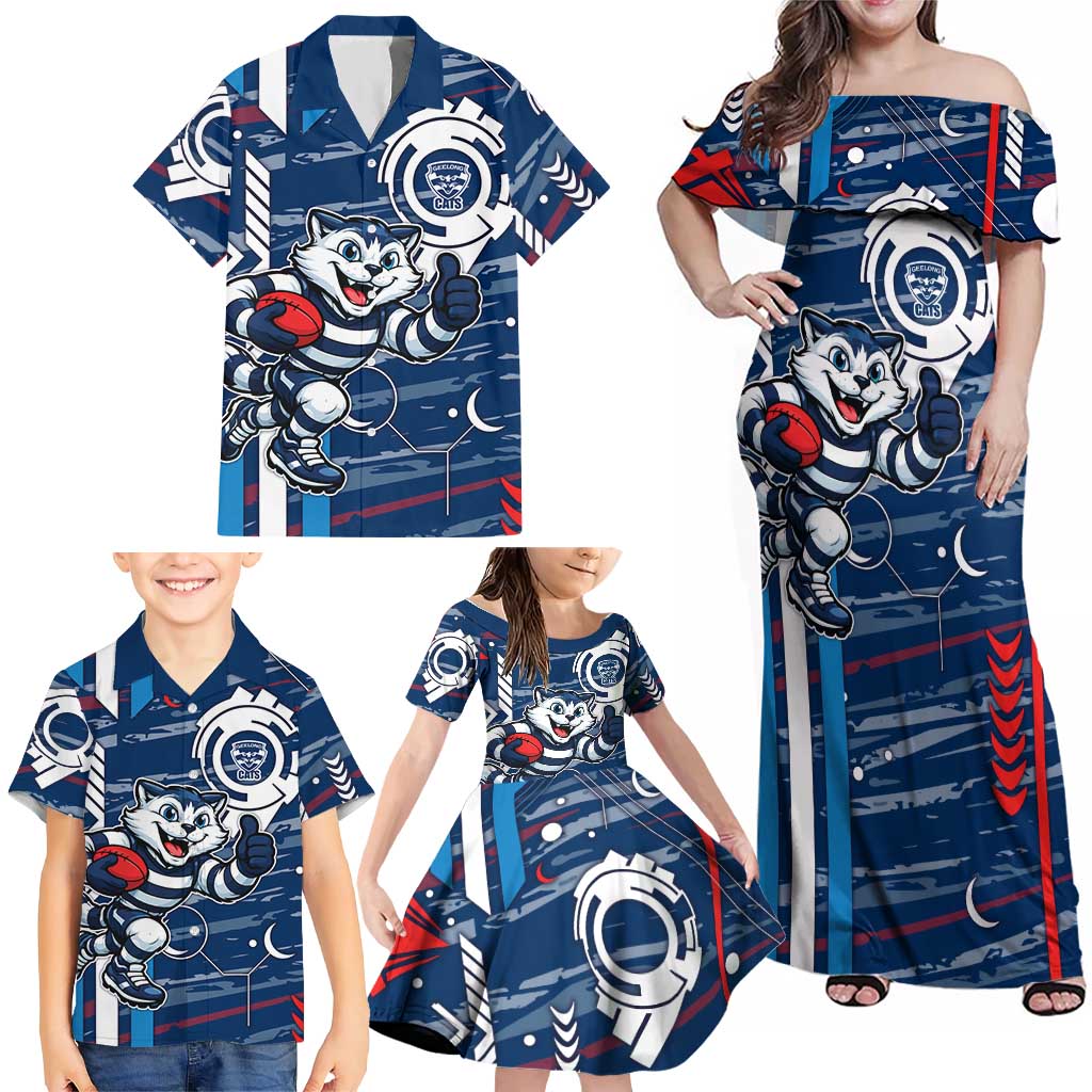 Geelong Cats Family Matching Off Shoulder Maxi Dress and Hawaiian Shirt Mascot Cartoon Football Illustration Style