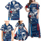 Geelong Cats Family Matching Off Shoulder Maxi Dress and Hawaiian Shirt Mascot Cartoon Football Illustration Style