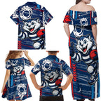 Geelong Cats Family Matching Off Shoulder Maxi Dress and Hawaiian Shirt Mascot Cartoon Football Illustration Style