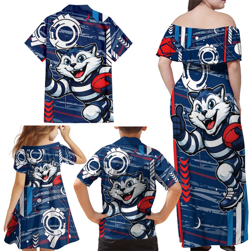 Geelong Cats Family Matching Off Shoulder Maxi Dress and Hawaiian Shirt Mascot Cartoon Football Illustration Style