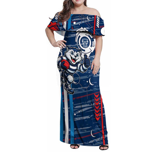 Geelong Cats Family Matching Off Shoulder Maxi Dress and Hawaiian Shirt Mascot Cartoon Football Illustration Style