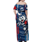 Geelong Cats Family Matching Off Shoulder Maxi Dress and Hawaiian Shirt Mascot Cartoon Football Illustration Style