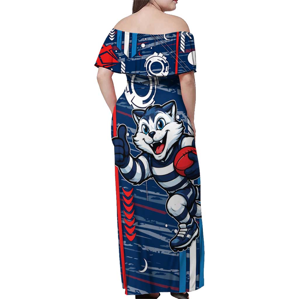 Geelong Cats Family Matching Off Shoulder Maxi Dress and Hawaiian Shirt Mascot Cartoon Football Illustration Style
