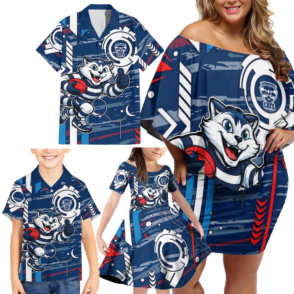 Geelong Cats Family Matching Off Shoulder Short Dress and Hawaiian Shirt Mascot Cartoon Football Illustration Style