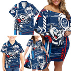 Geelong Cats Family Matching Off Shoulder Short Dress and Hawaiian Shirt Mascot Cartoon Football Illustration Style