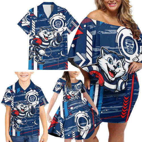 Geelong Cats Family Matching Off Shoulder Short Dress and Hawaiian Shirt Mascot Cartoon Football Illustration Style