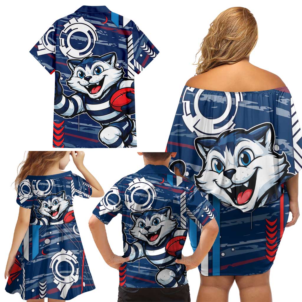 Geelong Cats Family Matching Off Shoulder Short Dress and Hawaiian Shirt Mascot Cartoon Football Illustration Style