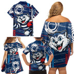 Geelong Cats Family Matching Off Shoulder Short Dress and Hawaiian Shirt Mascot Cartoon Football Illustration Style