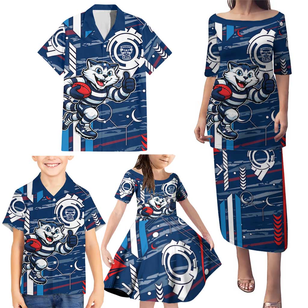Geelong Cats Family Matching Puletasi and Hawaiian Shirt Mascot Cartoon Football Illustration Style