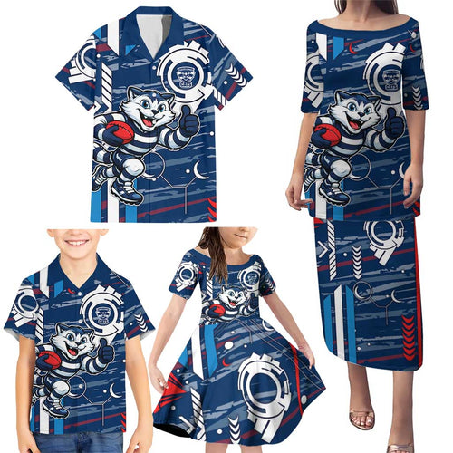 Geelong Cats Family Matching Puletasi and Hawaiian Shirt Mascot Cartoon Football Illustration Style
