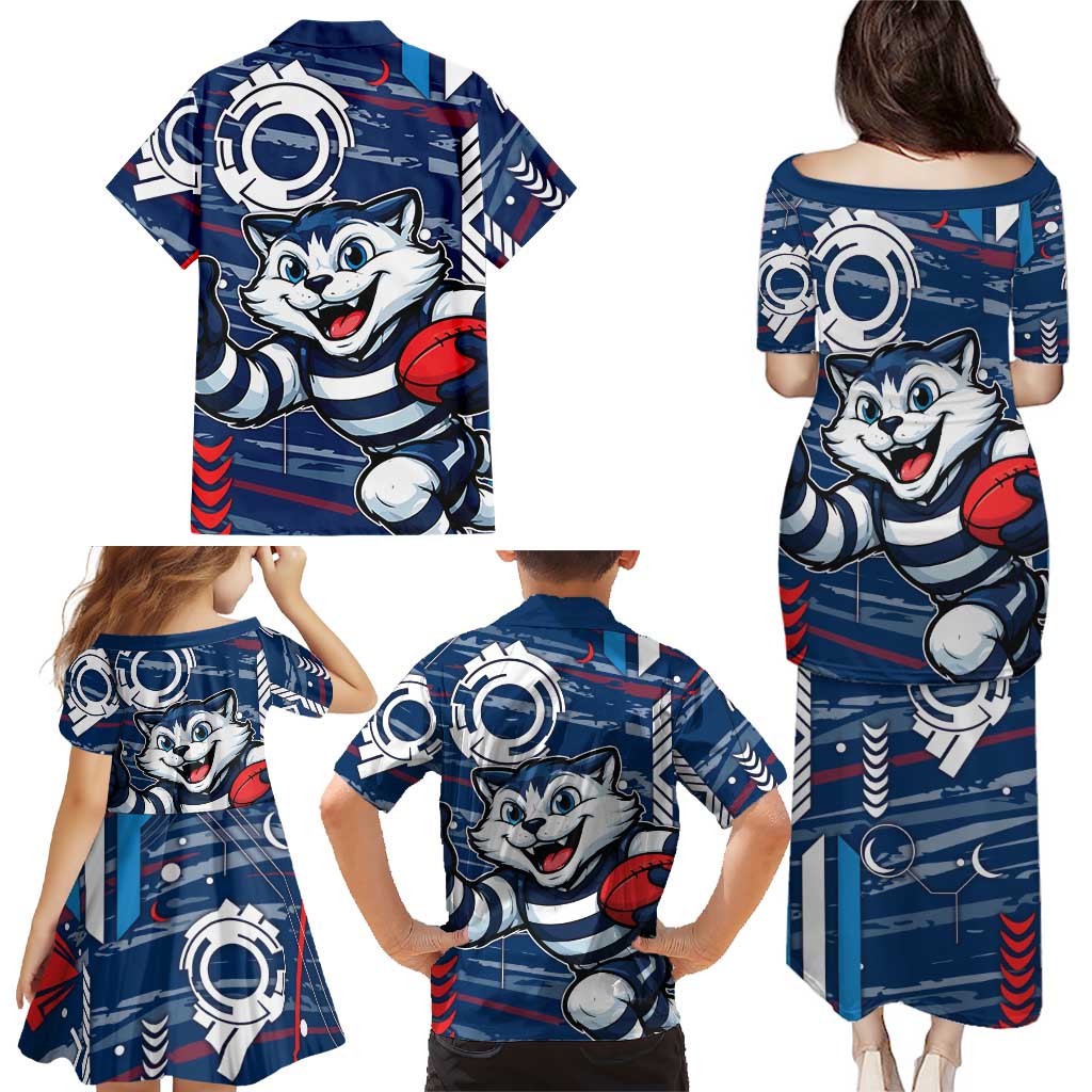 Geelong Cats Family Matching Puletasi and Hawaiian Shirt Mascot Cartoon Football Illustration Style