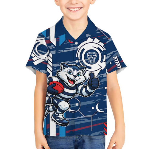Geelong Cats Family Matching Puletasi and Hawaiian Shirt Mascot Cartoon Football Illustration Style