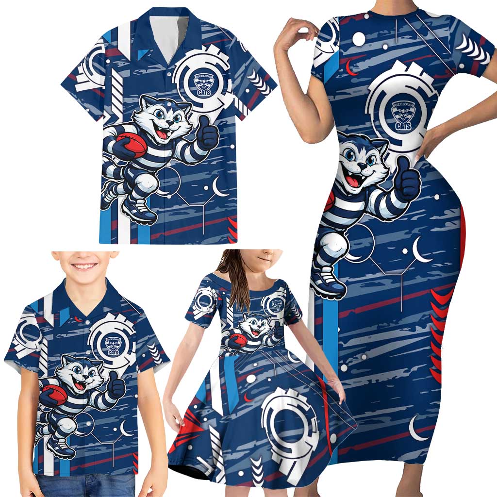 Geelong Cats Family Matching Short Sleeve Bodycon Dress and Hawaiian Shirt Mascot Cartoon Football Illustration Style