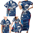 Geelong Cats Family Matching Short Sleeve Bodycon Dress and Hawaiian Shirt Mascot Cartoon Football Illustration Style