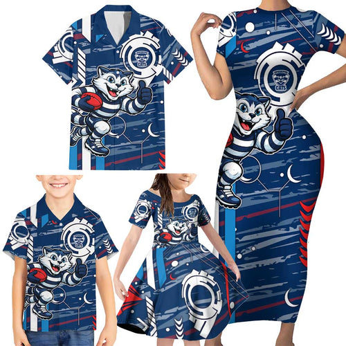 Geelong Cats Family Matching Short Sleeve Bodycon Dress and Hawaiian Shirt Mascot Cartoon Football Illustration Style