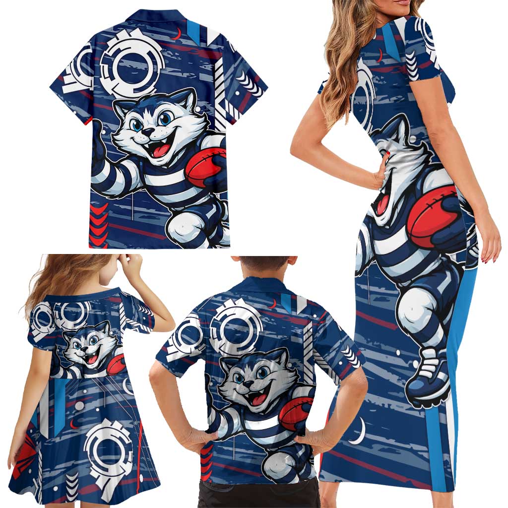 Geelong Cats Family Matching Short Sleeve Bodycon Dress and Hawaiian Shirt Mascot Cartoon Football Illustration Style