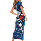 Geelong Cats Family Matching Short Sleeve Bodycon Dress and Hawaiian Shirt Mascot Cartoon Football Illustration Style
