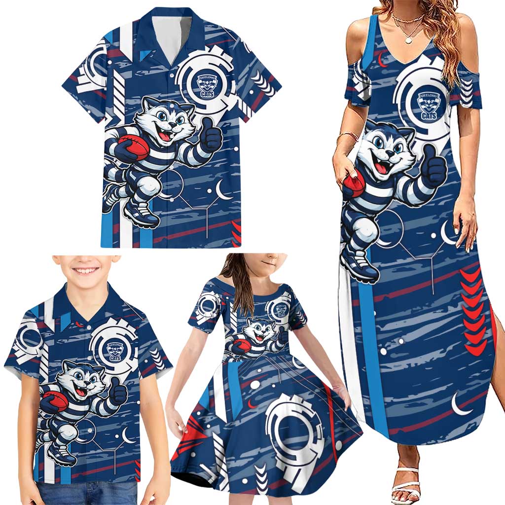 Geelong Cats Family Matching Summer Maxi Dress and Hawaiian Shirt Mascot Cartoon Football Illustration Style