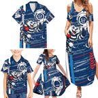 Geelong Cats Family Matching Summer Maxi Dress and Hawaiian Shirt Mascot Cartoon Football Illustration Style