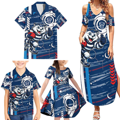 Geelong Cats Family Matching Summer Maxi Dress and Hawaiian Shirt Mascot Cartoon Football Illustration Style