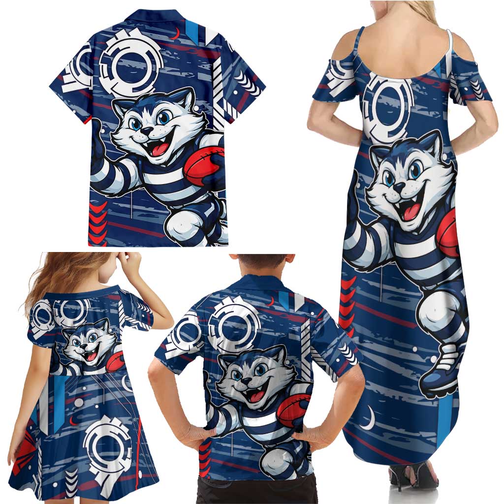 Geelong Cats Family Matching Summer Maxi Dress and Hawaiian Shirt Mascot Cartoon Football Illustration Style
