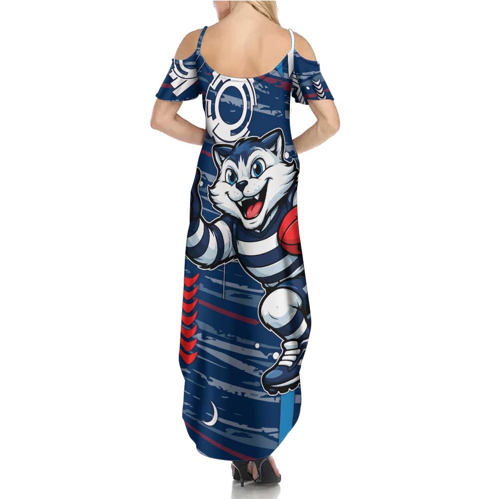 Geelong Cats Family Matching Summer Maxi Dress and Hawaiian Shirt Mascot Cartoon Football Illustration Style
