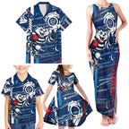 Geelong Cats Family Matching Tank Maxi Dress and Hawaiian Shirt Mascot Cartoon Football Illustration Style