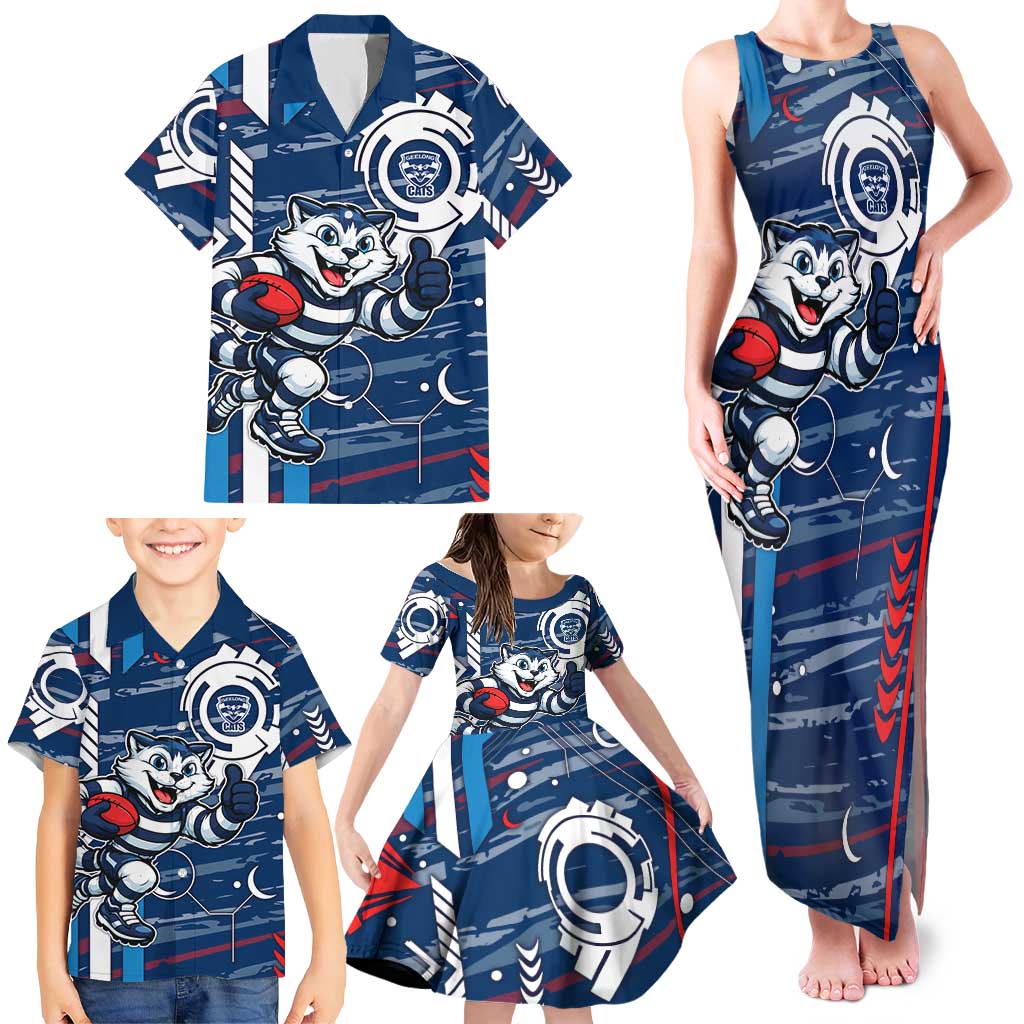 Geelong Cats Family Matching Tank Maxi Dress and Hawaiian Shirt Mascot Cartoon Football Illustration Style