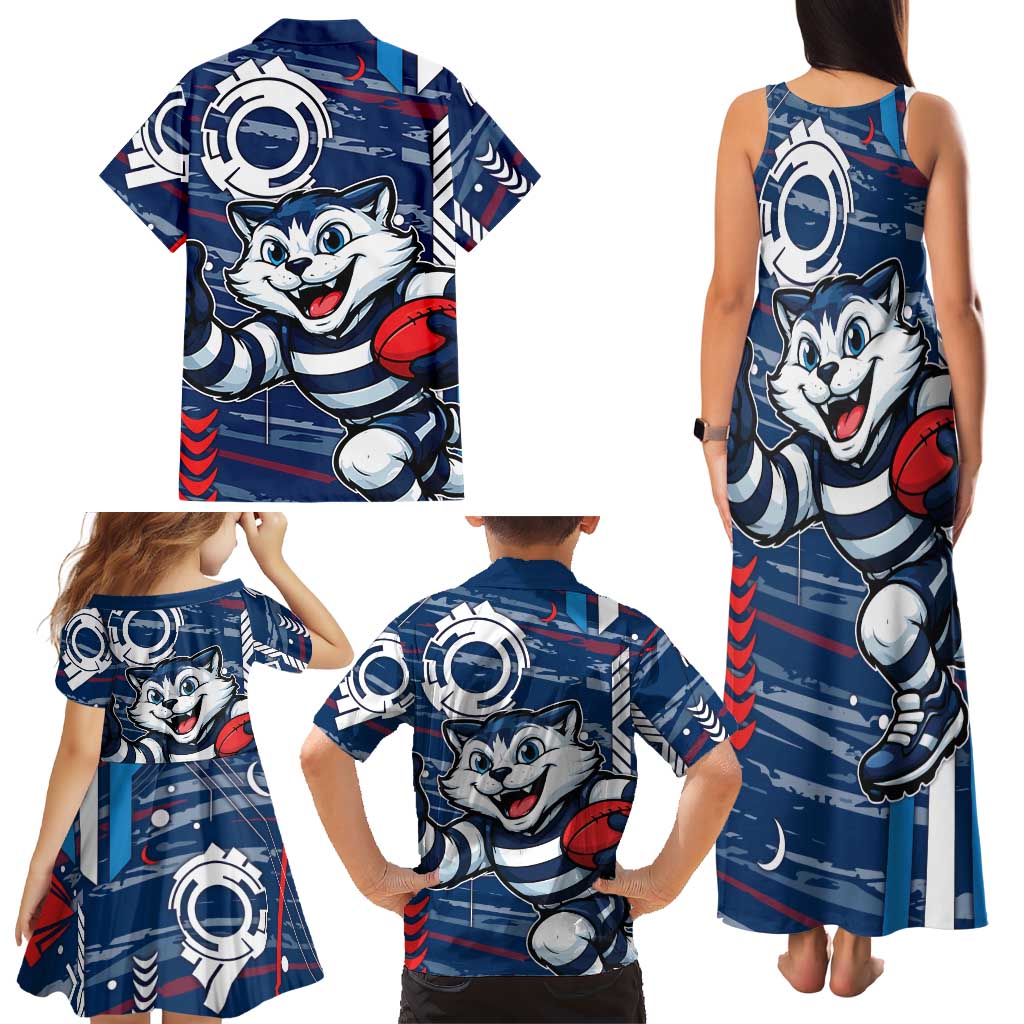 Geelong Cats Family Matching Tank Maxi Dress and Hawaiian Shirt Mascot Cartoon Football Illustration Style