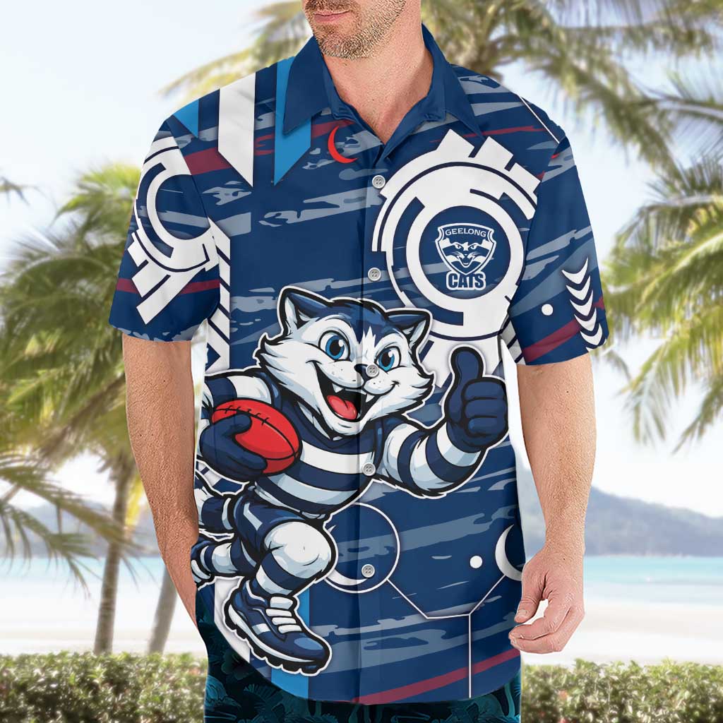 Geelong Cats Hawaiian Shirt Mascot Cartoon Football Illustration Style