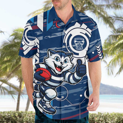 Geelong Cats Hawaiian Shirt Mascot Cartoon Football Illustration Style