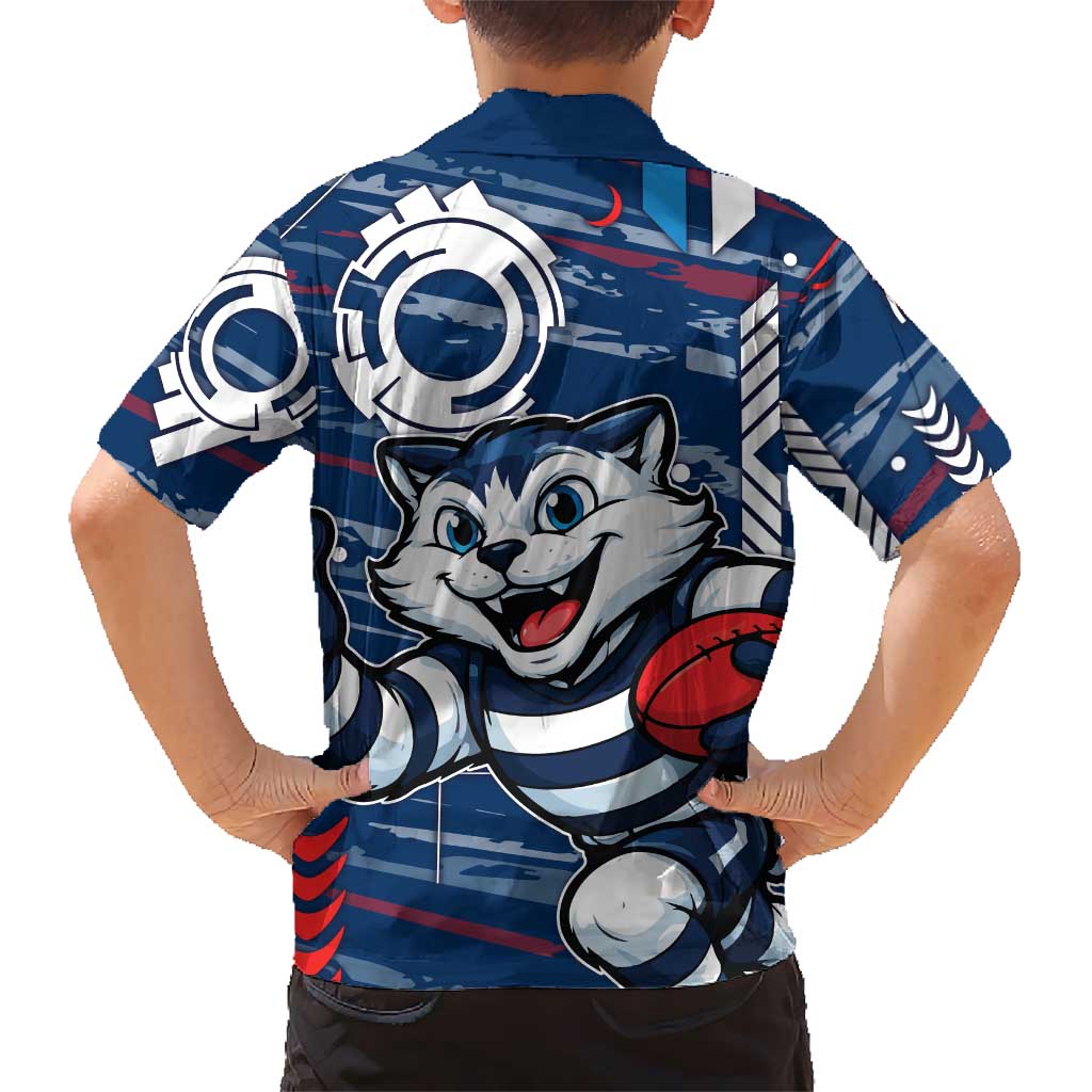 Geelong Cats Hawaiian Shirt Mascot Cartoon Football Illustration Style