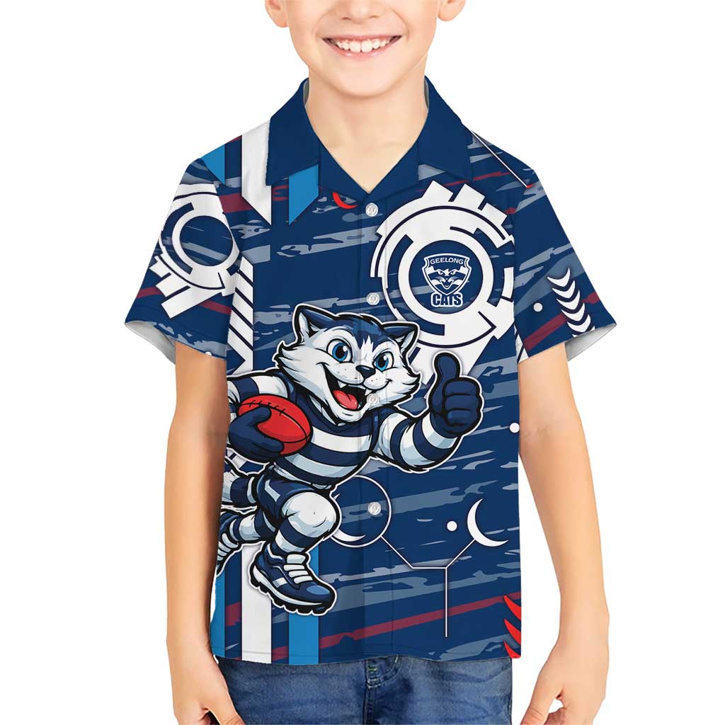 Geelong Cats Kid Hawaiian Shirt Mascot Cartoon Football Illustration Style