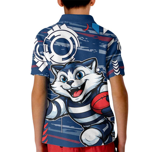 Geelong Cats Kid Polo Shirt Mascot Cartoon Football Illustration Style