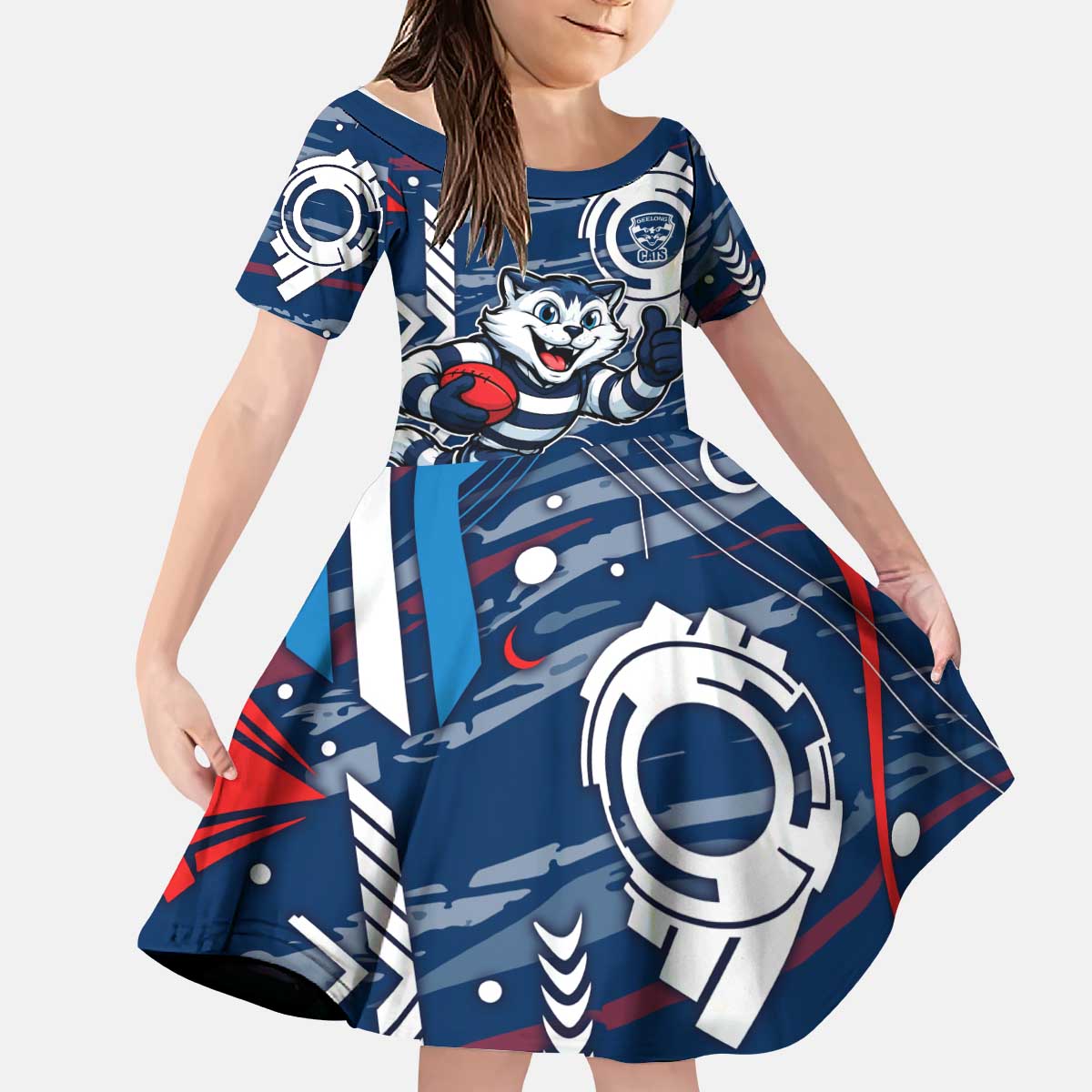 Geelong Cats Kid Short Sleeve Dress Mascot Cartoon Football Illustration Style