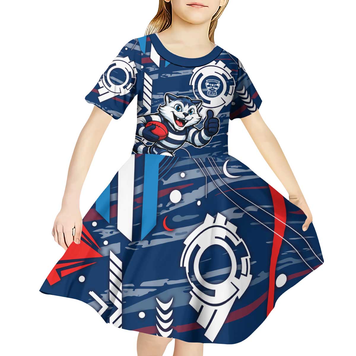 Geelong Cats Kid Short Sleeve Dress Mascot Cartoon Football Illustration Style
