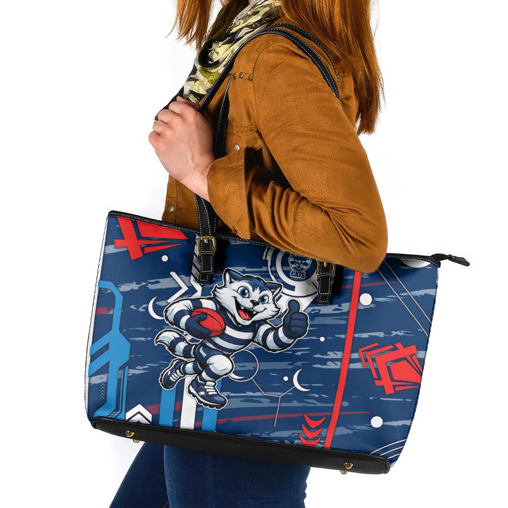 Geelong Cats Leather Tote Bag Mascot Cartoon Football Illustration Style