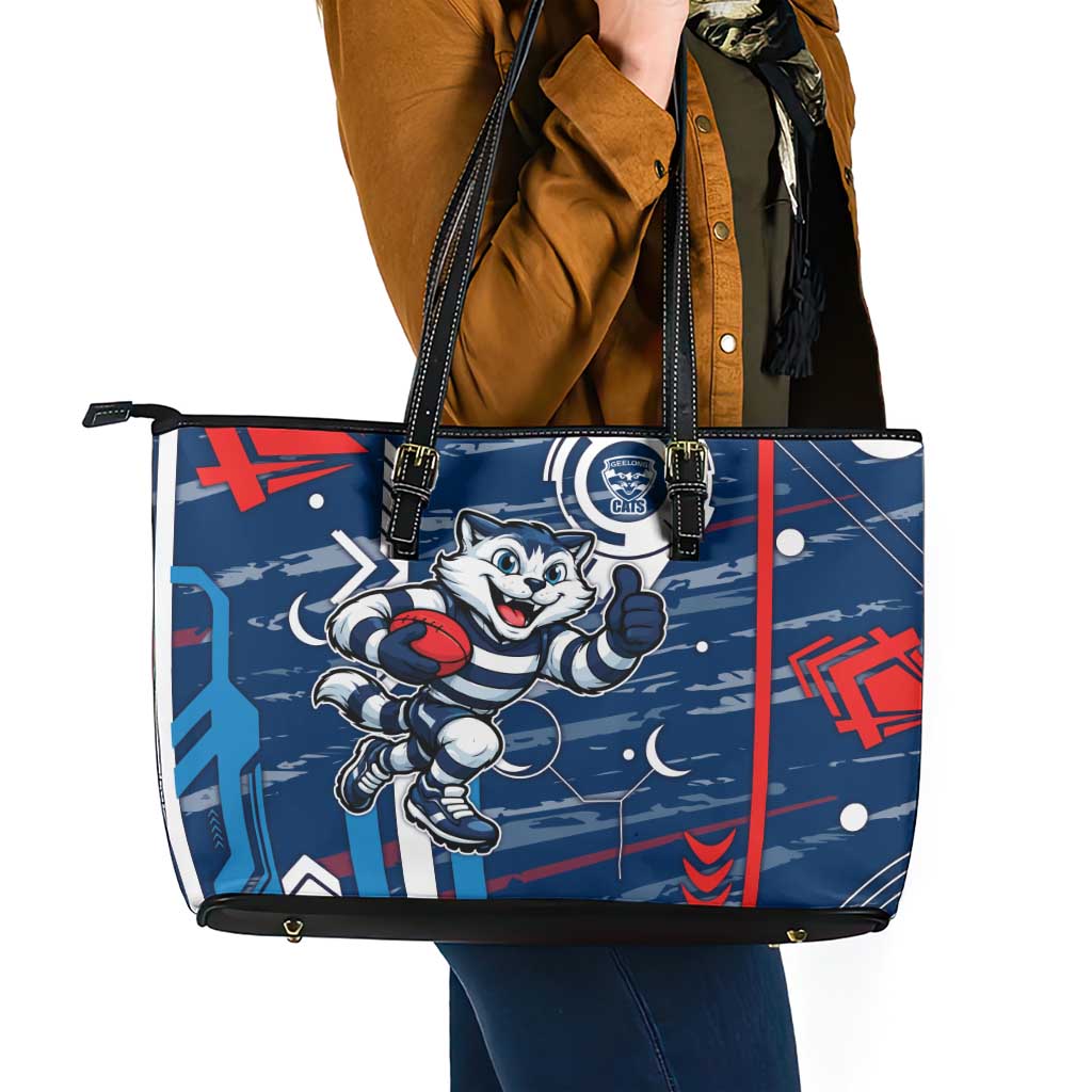 Geelong Cats Leather Tote Bag Mascot Cartoon Football Illustration Style