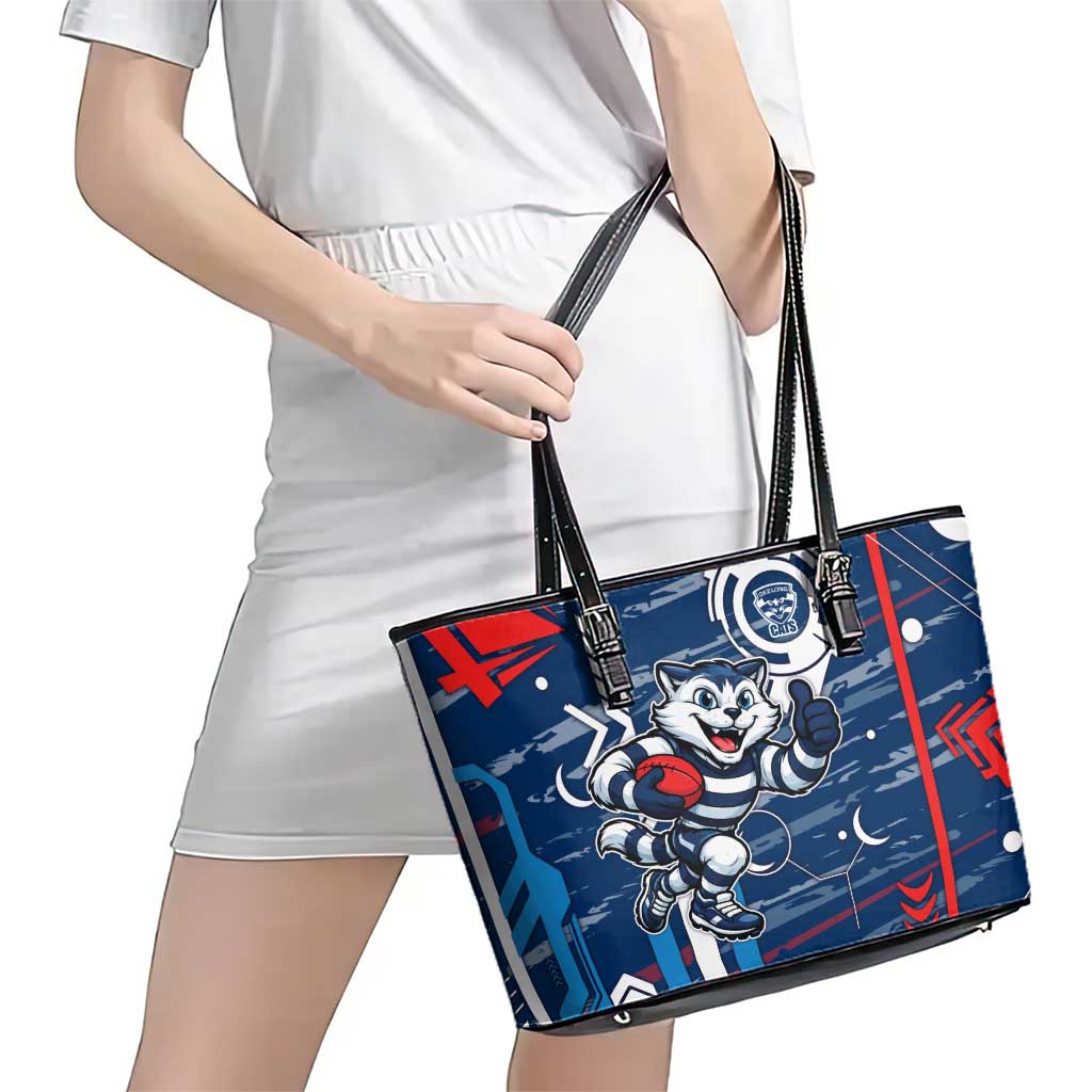Geelong Cats Leather Tote Bag Mascot Cartoon Football Illustration Style