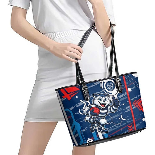 Geelong Cats Leather Tote Bag Mascot Cartoon Football Illustration Style
