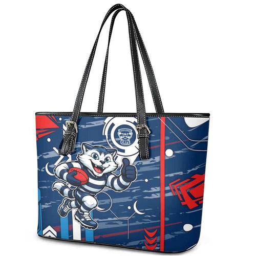 Geelong Cats Leather Tote Bag Mascot Cartoon Football Illustration Style