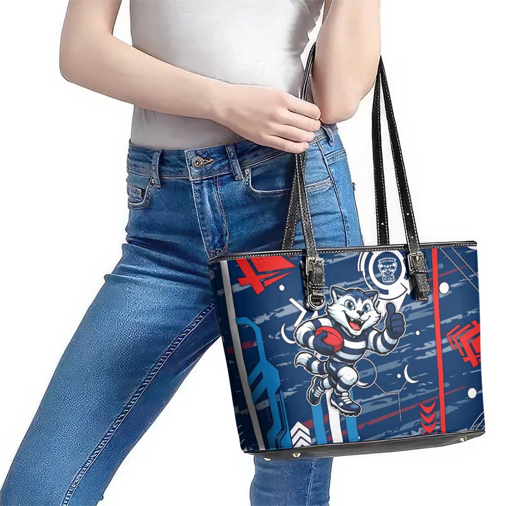 Geelong Cats Leather Tote Bag Mascot Cartoon Football Illustration Style