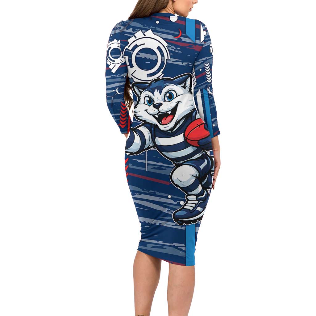 Geelong Cats Long Sleeve Bodycon Dress Mascot Cartoon Football Illustration Style