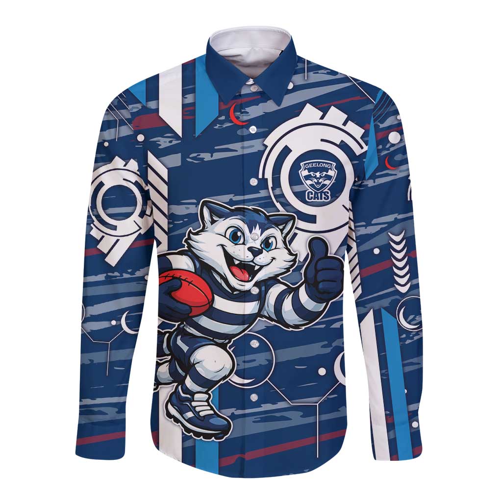 Geelong Cats Long Sleeve Button Shirt Mascot Cartoon Football Illustration Style