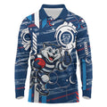 Geelong Cats Long Sleeve Polo Shirt Mascot Cartoon Football Illustration Style