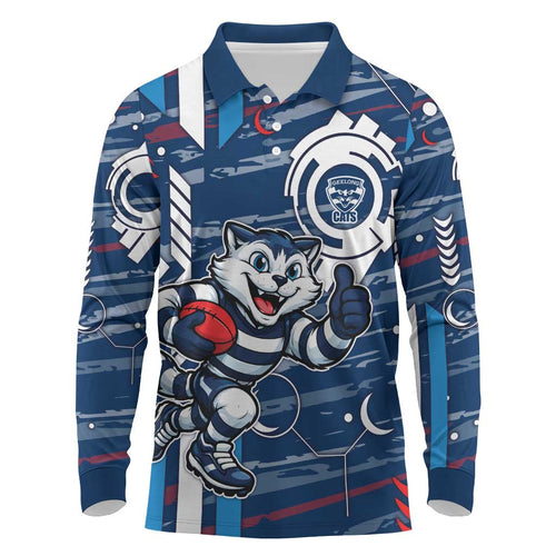 Geelong Cats Long Sleeve Polo Shirt Mascot Cartoon Football Illustration Style