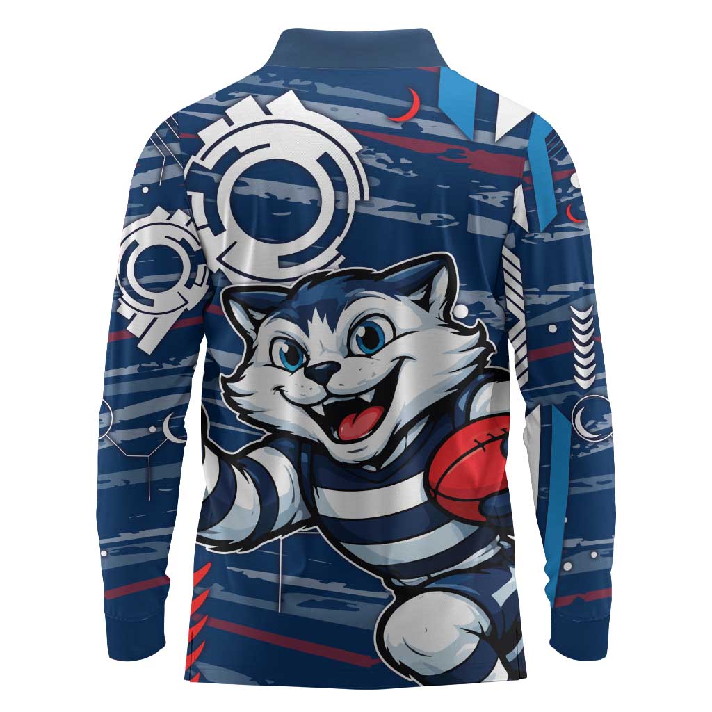 Geelong Cats Long Sleeve Polo Shirt Mascot Cartoon Football Illustration Style